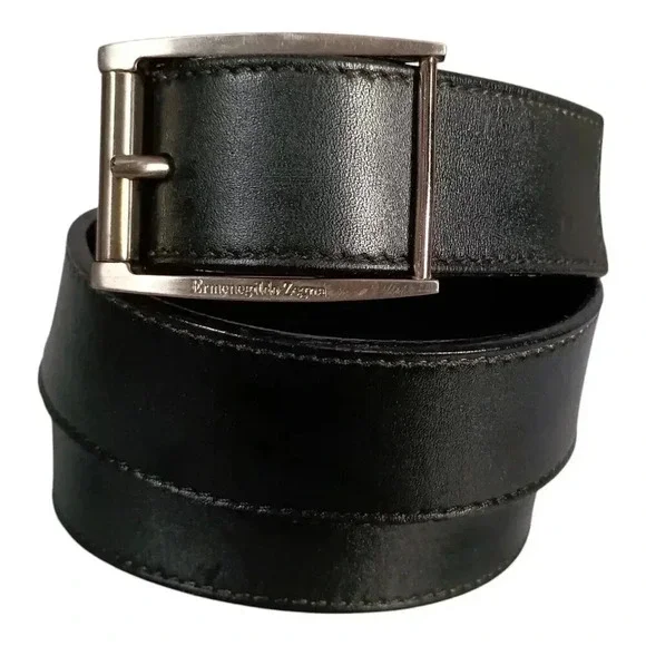 Ermenegildo Zegna Belt Leather Logo Buckle Black Men's 36 Italy - Picture 1 of 9